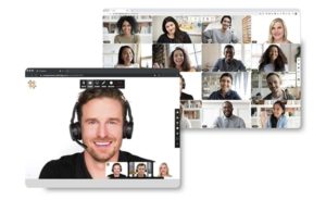 Graphic view of Callbridge video conferencing technology in a group setting online utilizing Gallery View feature for group work